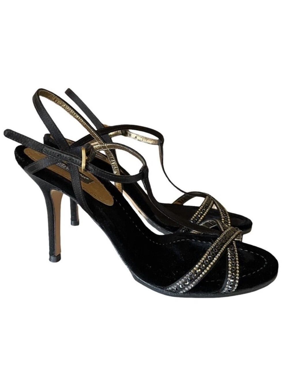 Dolce & Gabbana black velvet rhinestone embellished strappy open toe heels 40